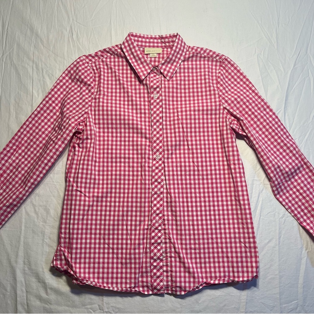 Appleseeds Raspberry hot pink gingham button down blouse 12